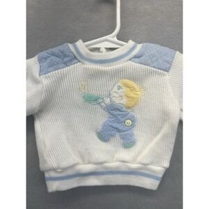 Vintage Doe Spun Infant Size 6-9 Months Sweater Boy Music White Blue Vtg 80s